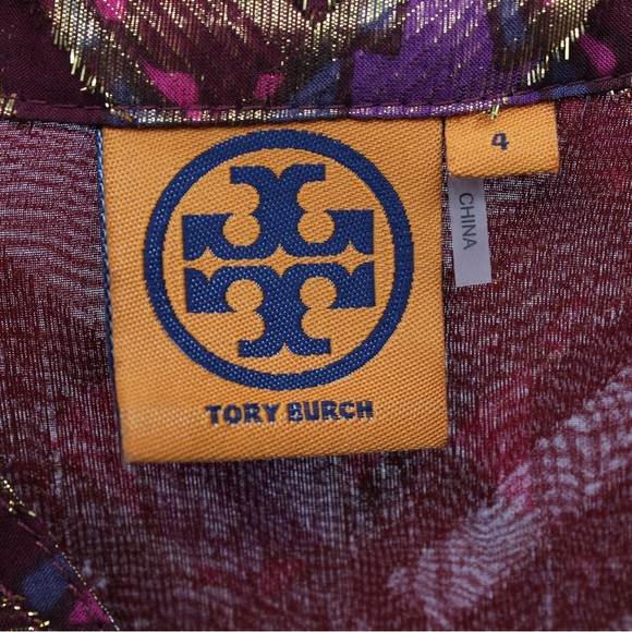 TORY BURCH Silk Chiffon Tunic Top Blouse Maroon Gold Size 4 - Picture 8 of 16
